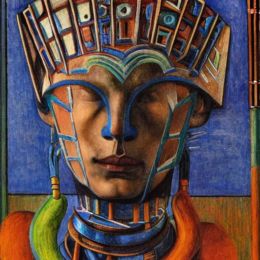 Image similar to portrait of a robot shaman, by annie swynnerton and and rufino tamayo and jean delville and edward hopper and evelyn de morgan, art deco shaman, stylized flowers, art brut, outsider art, symbolist, dramatic lighting, god rays, elaborate geometric ornament, clean crisp graphics, smooth sharp focus, extremely detailed, adolf wolfli