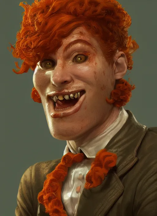 Prompt: biohazard portrait of curly orange hair man from bioshock, au naturel, hyper detailed, digital art, trending in artstation, cinematic lighting, studio quality, smooth render, unreal engine 5 rendered, octane rendered, art style by klimt and nixeu and ian sprigger and wlop and krenz cushart.