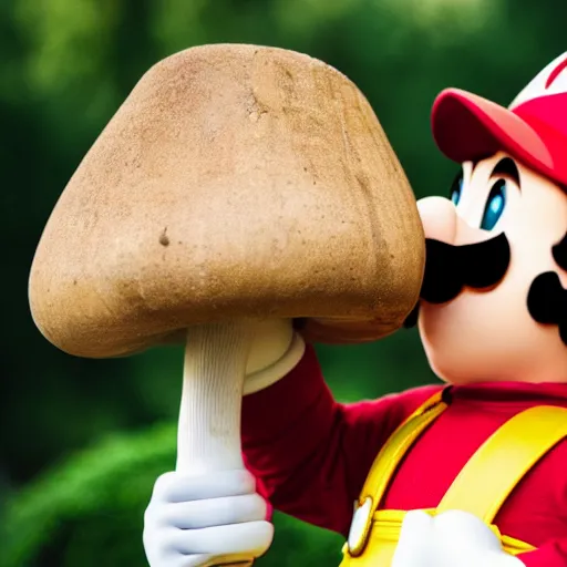 Image similar to photo of real life mario finding a giant mushroom, exhilarated, portrait, closeup. mouth open, 30mm, bokeh