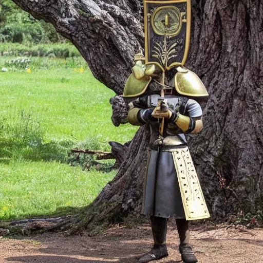 Prompt: an anthropomorphic poppy flower wears an iron breastplate with a gilded crown crest on it, holding a sword and shield as if she's ready for battle, standing next to a large tree stump that seems to be made out of white marble or stone
