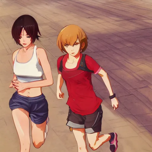 Prompt: anime style, gta 5, girl is running, red sport clothing, marathon race, brown short hair, hair down, symmetrical facial features, from arknights, hyper realistic, rule of thirds, extreme detail, detailed 4 k drawing, safebooru, realistic lighting, by alphonse mucha, greg rutkowski, smooth, backlit