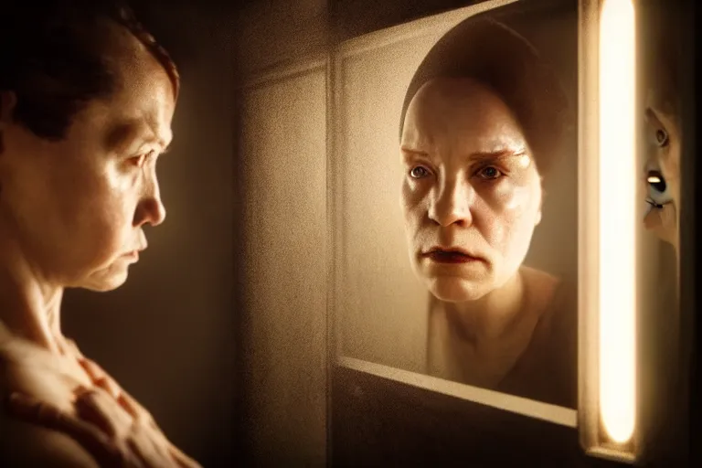 Prompt: an ultra realistic, cinematic, fantasy, portrait, of a woman, looking in mirror at older self, fire, dramatic, soft light, dreamy, facial features, stood in a cell, with prison clothing, detailed, deep focus, movie still, dramatic lighting, ray tracing, by michal karcz and yoshitaka