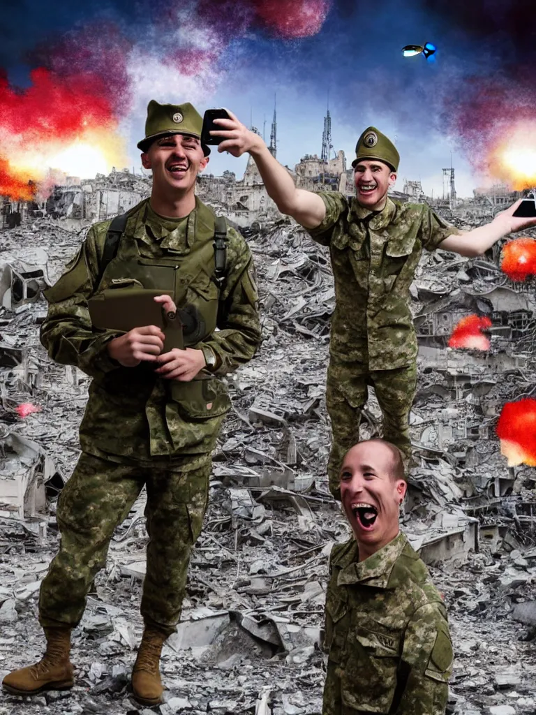 Image similar to a hysterical smiling soldier taking selfies, posing in front of bombed city, explosions in the background, close ups, war scenery, surrealism aesthetic, vivid colors, tv, noise