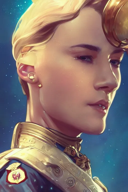 Prompt: beautiful portrait of a female officer wearing a fancy naval uniform, art by artgerm, wlop, craig mullins, alphonse mucha, science fiction, intricate detail, blonde hair, space background, trending on artstation, sharp focus, illustration, caustics, octane render, radiant light, 4 k