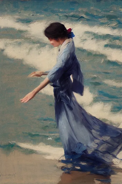 Image similar to wind, koi, kimono, beach, fabric blowing in the wind, sunlight, jeremy lipking, joseph todorovitch