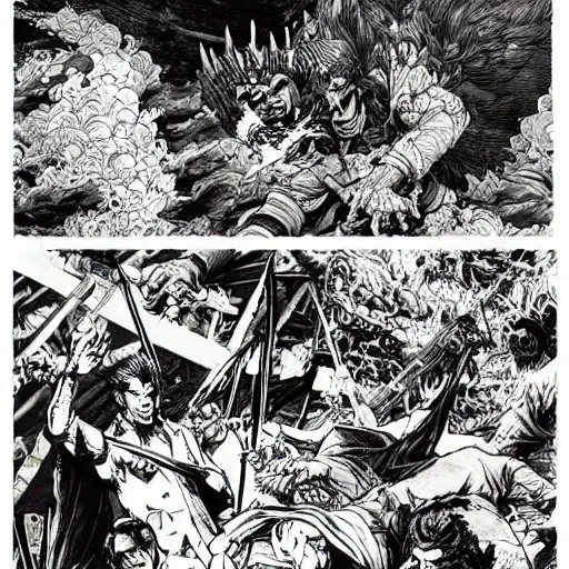 Prompt: yakuzas vs yokais in post-apocalyptic tokyo, composition by Tyler Stout, drawings by gustave doré, anders zorn