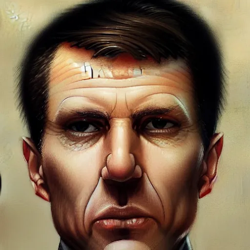 Prompt: Portrait of a stern workaholic office man by Greg Rutkowski, he is about 40 years old, mixture between russian and irish, side parted combover brown hair, attractive, NARROW very very very very sharp face ANGULAR hawkish facial features, hooked nose , extremely pale white skin, smart looking, he is wearing a black trenchcoat, highly detailed portrait, scifi, digital painting, artstation, concept art, smooth, sharp foccus ilustration, Artstation HQ