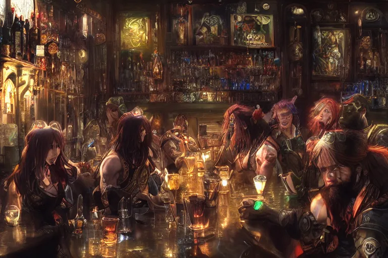 Prompt: warriors drinking in an irish pub, detailed faces, digital art, beautiful lighting, happy atmosphere, trending on artstation, by Yoshitaka Amano