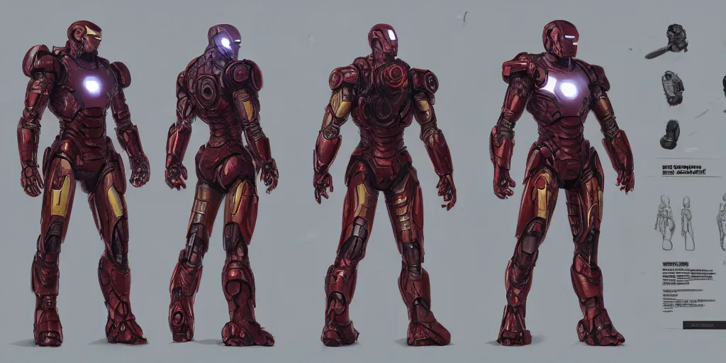 Image similar to cyberpunk iron man, character sheet, concept design, contrast, kim jung gi, greg rutkowski, zabrocki, karlkka, jayison devadas, trending on artstation, 8 k, ultra wide angle, pincushion lens effect