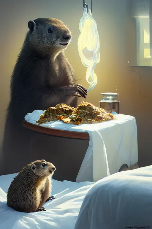 Image similar to groundhog cooking meth lies on the bed, realistic portrait, highly detailed, digital painting, artstation, concept art, smooth, sharp focus, illustration, cinematic lighting, art by artgerm and greg rutkowski and alphonse mucha