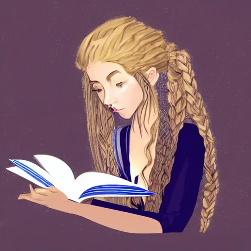 Image similar to dnd style portrait of a girl reading a book, her hair flowing down