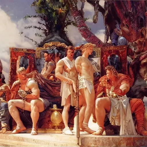 Image similar to hercules gives achilles the side - eye while they wait in line to worship at zeus's feet, throne of olympus, heavenly marble, gods and goddesses in elegant clothes, painting by gaston bussiere, craig mullins, j. c. leyendecker, tom of finland