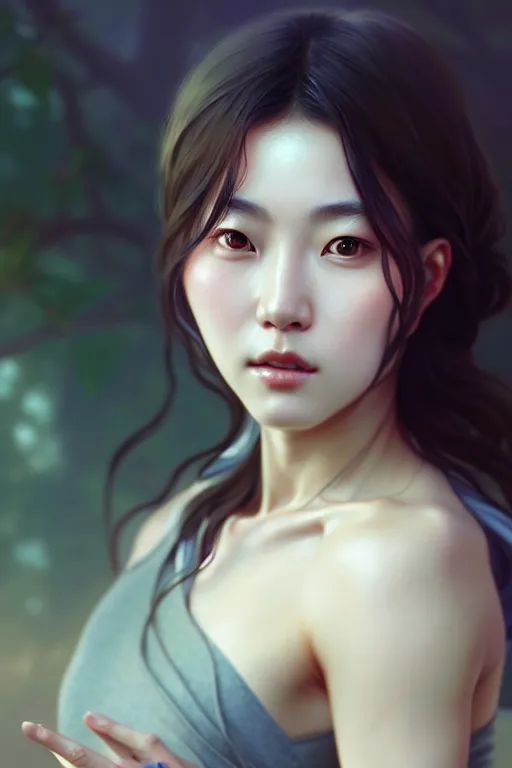 Image similar to beautiful digital painting of lee jin - eun gray background with high detail, 8 k, stunning detail, photo by artgerm, greg rutkowski and alphonse mucha, unreal engine 5, 4 k uhd