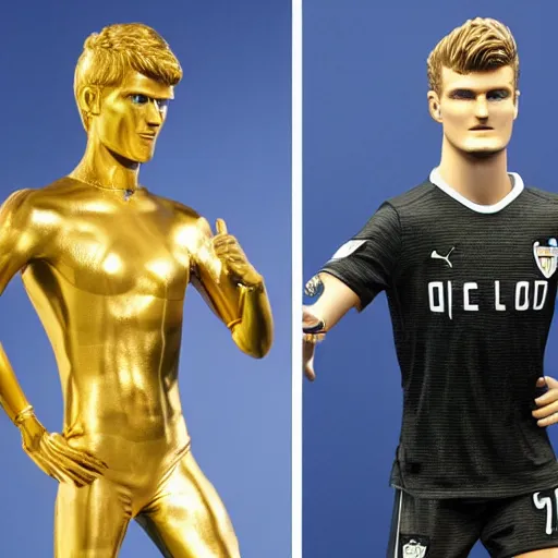 Prompt: a realistic detailed photo of a guy who is an attractive humanoid who is half robot and half humanoid, who is a male android, soccer players martin ødegaard & timo werner, shiny skin, posing like a statue, blank stare, in a museum, on display, showing off his muscles, gold soccer shorts, no jersey, side to side, statue