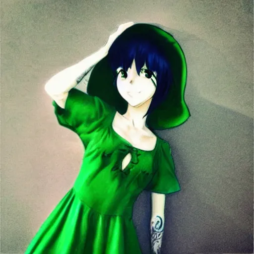 Image similar to “quirky witch in green dress anime style”