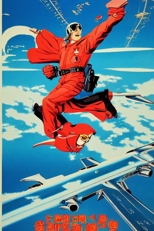 Image similar to a poster of a man riding a plane in the air, poster art by otomo katsuhiro, pixiv, retrofuturism, official art, reimagined by industrial light and magic, poster art