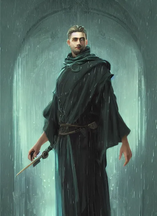 Image similar to character concept portrait of an attractive young focused Spanish wizard with pale teal skin enchanting a rain spell, a floating iridescent spell book in the center, intricate, elegant, digital painting, concept art, smooth, sharp focus, illustration, from Metal Gear, by Ruan Jia and Mandy Jurgens and William-Adolphe Bouguereau, Artgerm