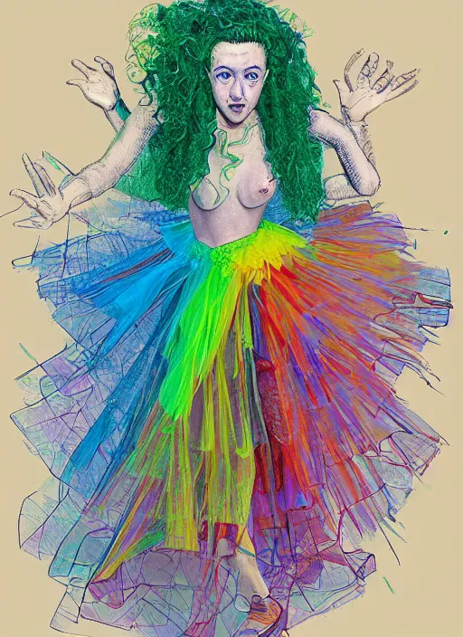 Image similar to surrealism psychedelic full body portrait sketch of julia garner as delirium of the endless in fishnet top and rainbow tutu skirt from the sandman, floating goldfish, green and blue eye heterochromia by alex ross, josh kirby, detailed, elegant, intricate