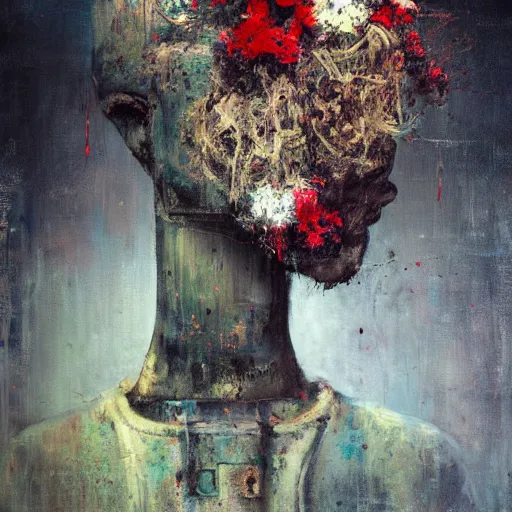 Prompt: a painting by jeremy mann of a robot head with flowers growing out, highly detailed, color bleeding, pixel sorting, plain black background, studio lighting