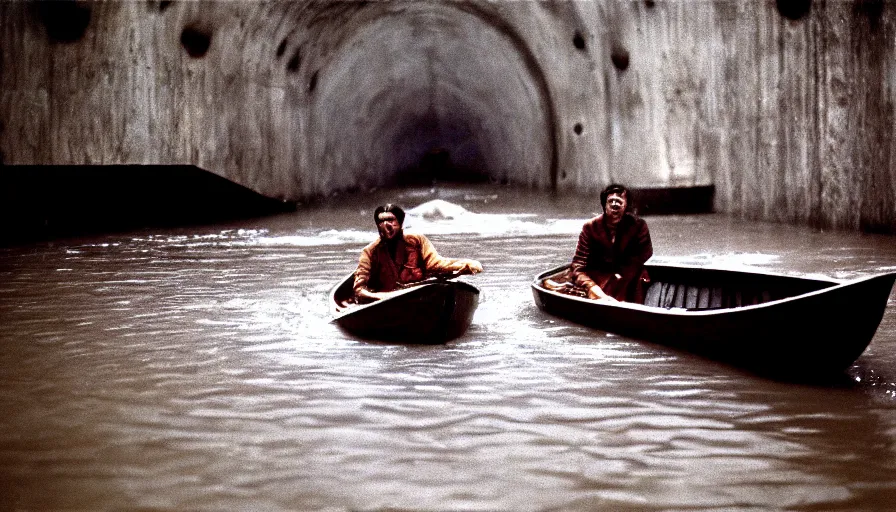 Prompt: 1 9 7 0 movie still of a man in a small boat in a tunnel flooded in blood, eastmancolor, heavy grain, high quality, high detail, refined face