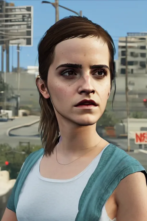 Image similar to Emma Watson as a GTA V NPC, in game capture. 3D Render.