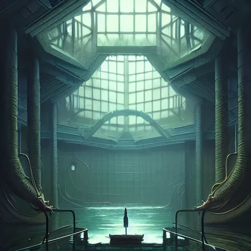 Image similar to professional ominous concept art architecture of a dark room with an indoor pond by artgerm and greg rutkowski. an intricate, elegant, highly detailed digital painting, concept art, smooth, sharp focus, illustration, in the style of simon stalenhag, wayne barlowe, and igor kieryluk.