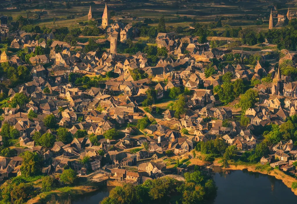 Image similar to a fantastic medieval township on the banks of a giant river, morning, beautiful, high contrast, 4 k, cinematic