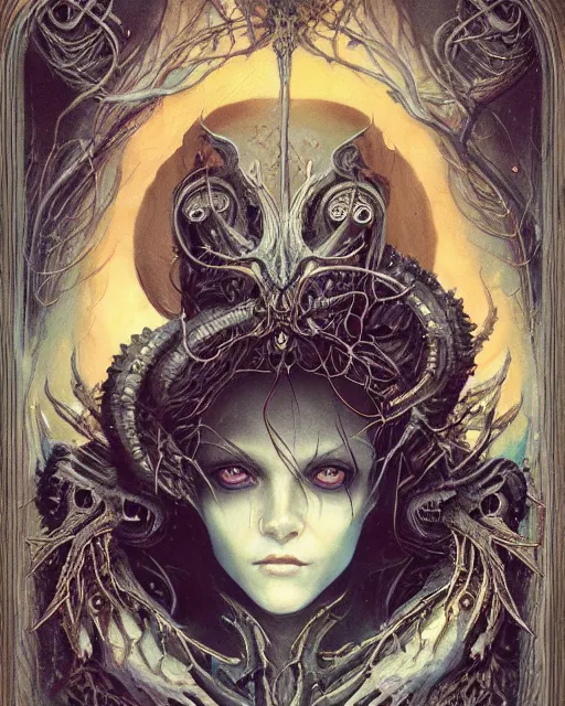 Image similar to perfectly centered portrait front view of a dead rotten beautiful female daemon growing ornamentation, ornate, detailed, symmetrical, elegant, beautifully soft lit, by wayne barlowe, peter mohrbacher, kelly mckernan