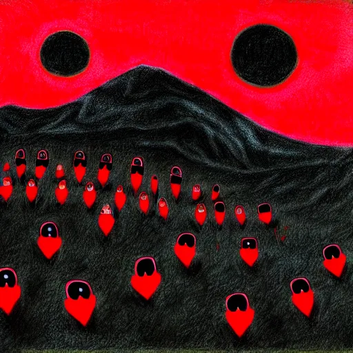 Prompt: primary school up a hill, love, sadness, dark ambiance, concept by godfrey blow, featured on deviantart, drawing, sots art, lyco art, artwork, photoillustration, poster art, black and red