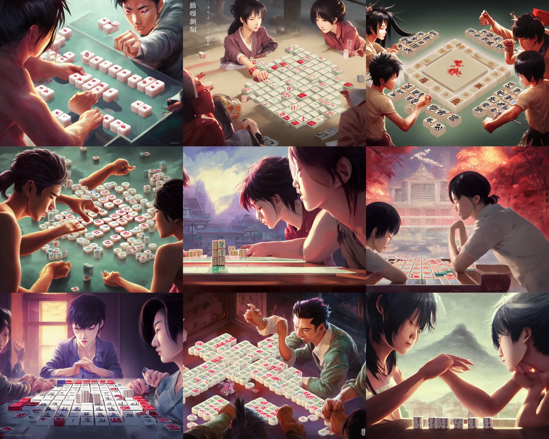 Prompt: mahjong fight club, magnificent, close up, details, sharp focus, elegant, highly detailed, illustration, by Jordan Grimmer and greg rutkowski and PiNe(パイネ) and 薯子Imoko and 香川悠作 and wlop and maya takamura, intricate, beautiful, Trending artstation, pixiv, digital Art