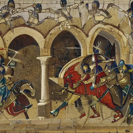 Image similar to a group of Byzantine knights fighting a dragon inside a cistern underneath Istanbul