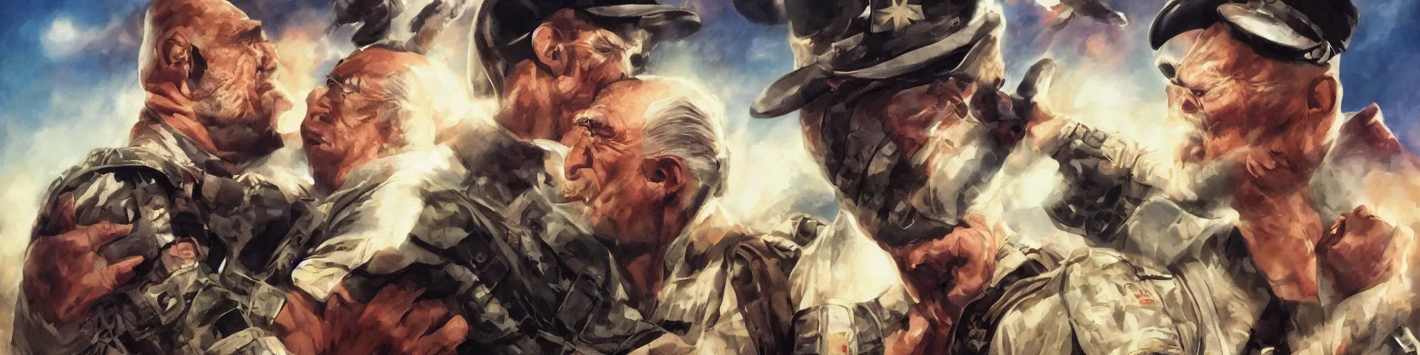 Image similar to an aging war hero holds his memories in his arms, alex ross, artgerm, atmospheric, anamorphic, cinematic