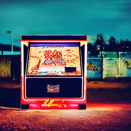 Image similar to a lonely arcade machine at night. beach buildings with graffiti in the background. photograph in the style of simon stalenhag