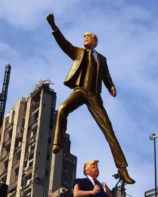 Image similar to a gigantic 1 0 0 0 foot tall bronze statue of a president donald trump, thousands of tiny onlookers, photorealistic, atmospheric