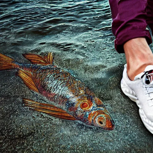 Image similar to ultra detailed photo, man wearing fish on his feet