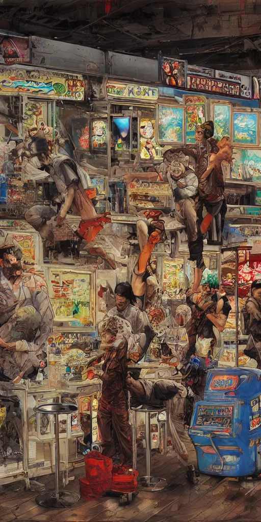 Image similar to oil painting scene from amusement arcade by kim jung gi