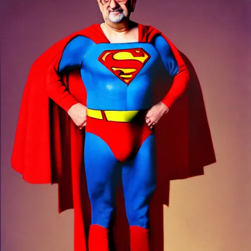 Image similar to kodachrome photographic portrait of author, salman rushdie as superman from the year 3 0 0 0, portrait by annie liebowitz