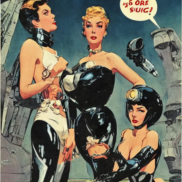 Image similar to scifi woman by Robert McGinnis, pulp comic style, circa 1958