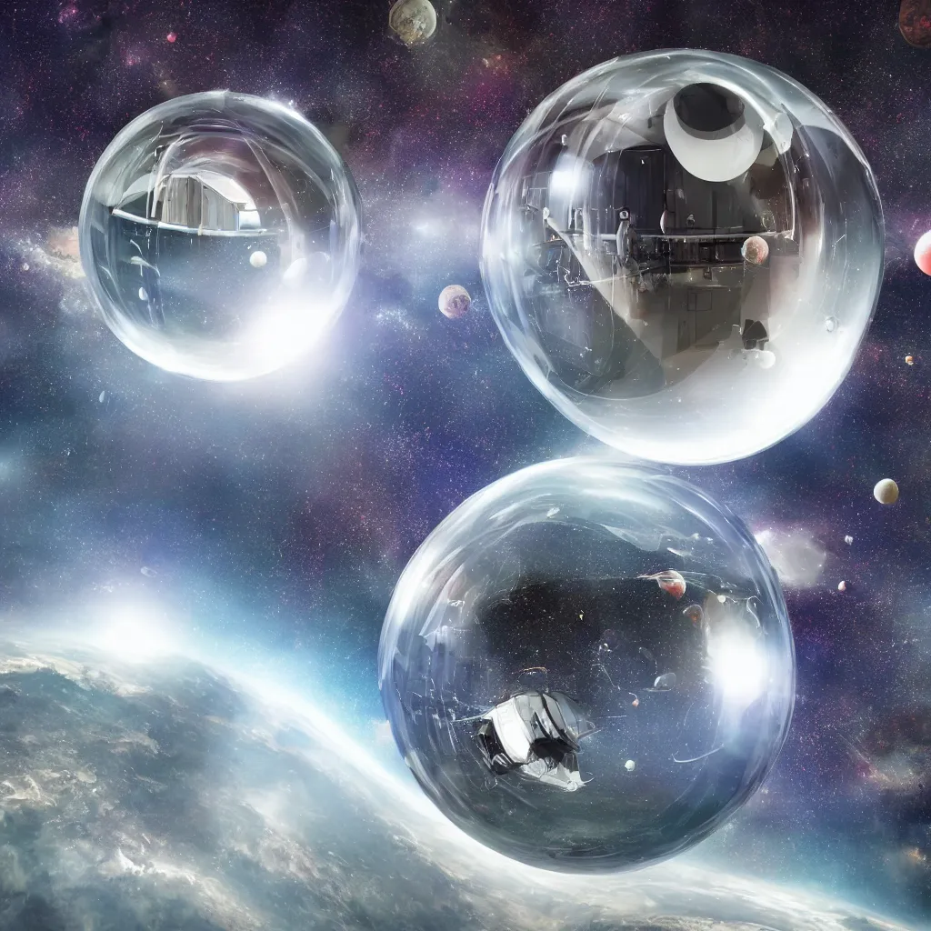 Image similar to an enormous transparent spherical capsule in the middle of outer space, digital art