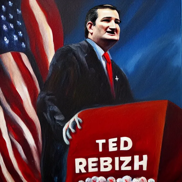 Prompt: an oil on canvas portrait painting of ted cruz giving a speech at the republican convention, surrealism, surrealist, cosmic horror, high detail