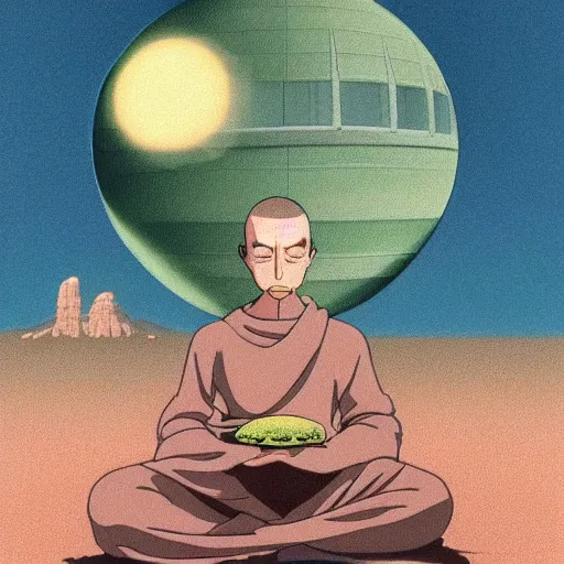 Prompt: hyperrealist, studio ghibli dull colors portrait cartoon from close encounters of the third kind 1 9 7 7 of a mauve pocketwatch monk meditating in a wide bubble jungle desert stonehenge.