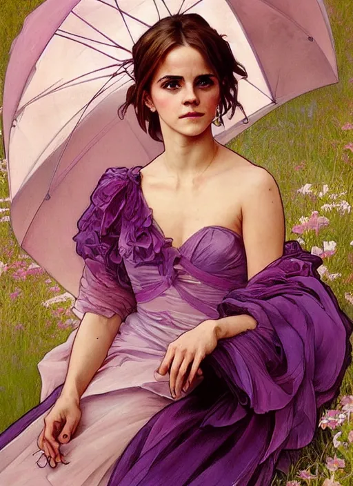 Image similar to emma watson wearing revealing elegant pink and purple dress with flounces. beautiful detailed face. by artgerm and greg rutkowski and alphonse mucha