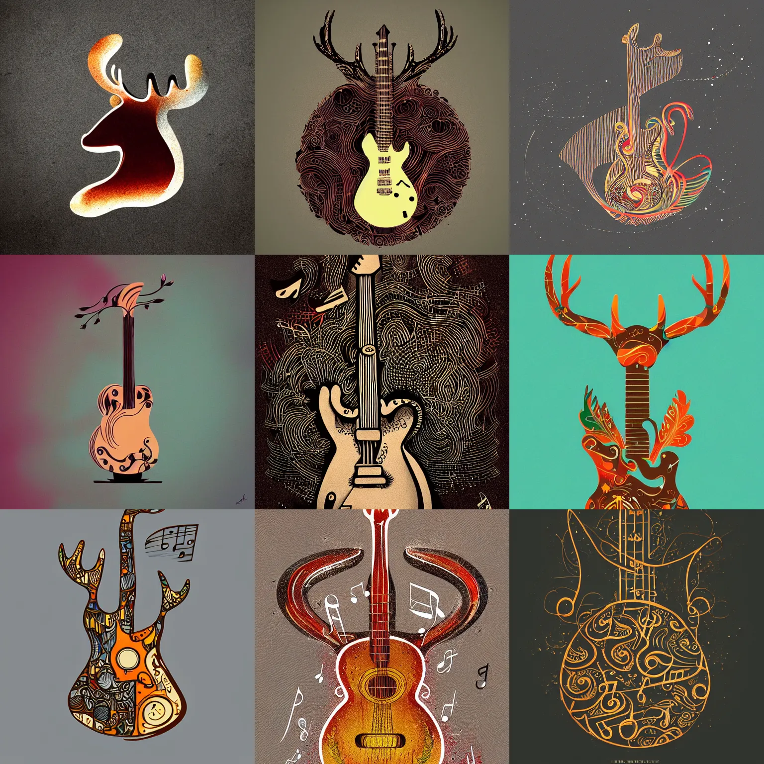 Prompt: , guitar in the shape of a deer, romantic, warm, musical notes, detailed, realistic, in the style of petros afshar