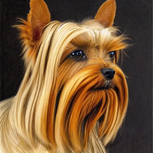 Image similar to professional painting of a Yorkshire Terrier in the style of Dino Valls, head and shoulders portrait, symmetrical facial features, smooth, sharp focus, illustration, intricate, stormy weather, extremely detailed masterpiece,