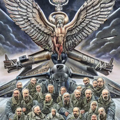 Image similar to wagner russian military force exorcism group photo - realistic, color image, hyper realistic, 2 k, highly detailed, occult art, by giger, fractal structure