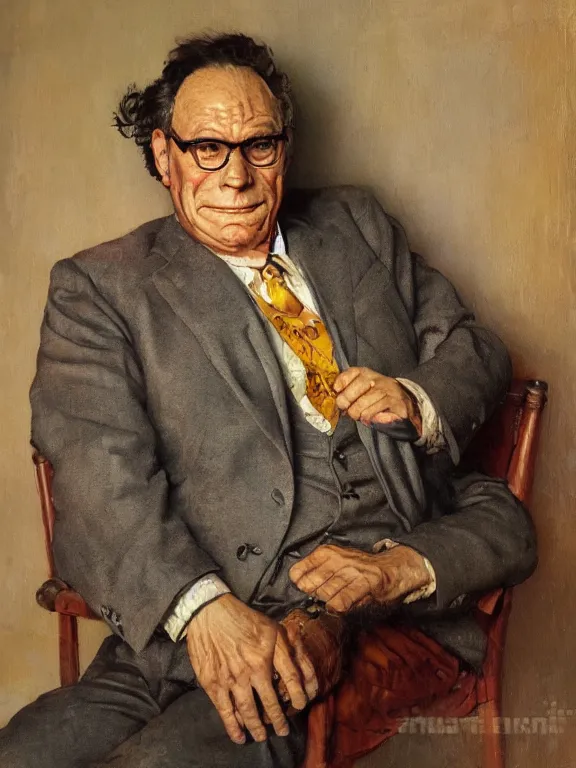 Image similar to portrait of isaac asimov, in a style blend of norman rockwell and frederick remington and mort kunstler, oil painting, volumetric lighting, intricate details