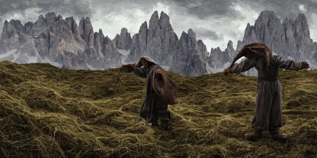 Image similar to alpine farmer transforming into a monster ,roots and hay coat, dolomites in background, dark, eerie, despair, portrait photography, artstation, digital art, concept art, artstation, highly detailed, sharp focus, by caravaggio