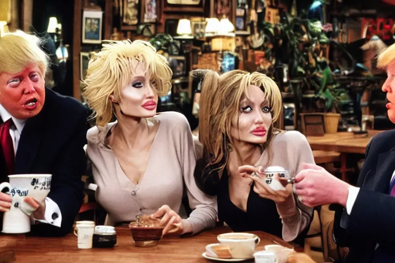 Image similar to Angelina Jolie, boris johnson, The Alien from the movie 'Alien', dolly parton, donald trump are best friends, drinking coffee at central perk, still photo, hyperrealistic, 35mm, 8k, by weta digital