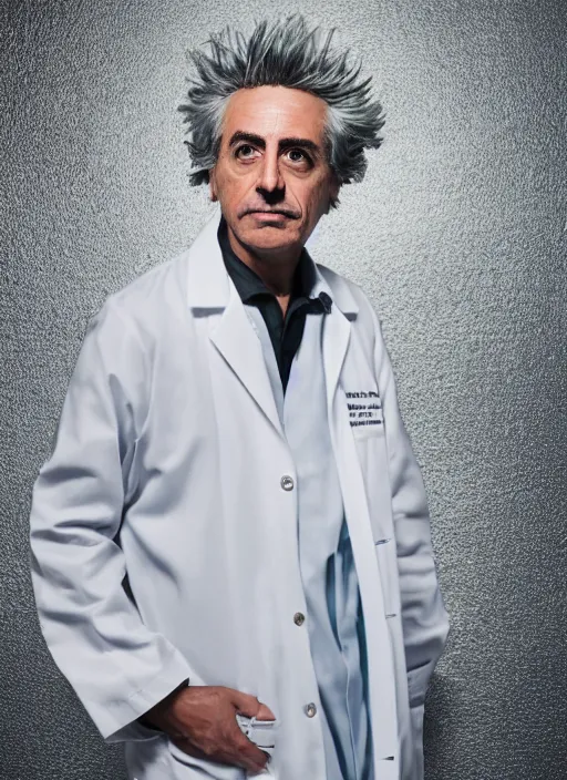 Prompt: portrait of Rick Sanchez wearing a lab coat by Mario Testino, headshot, detailed, award winning, Sony a7R