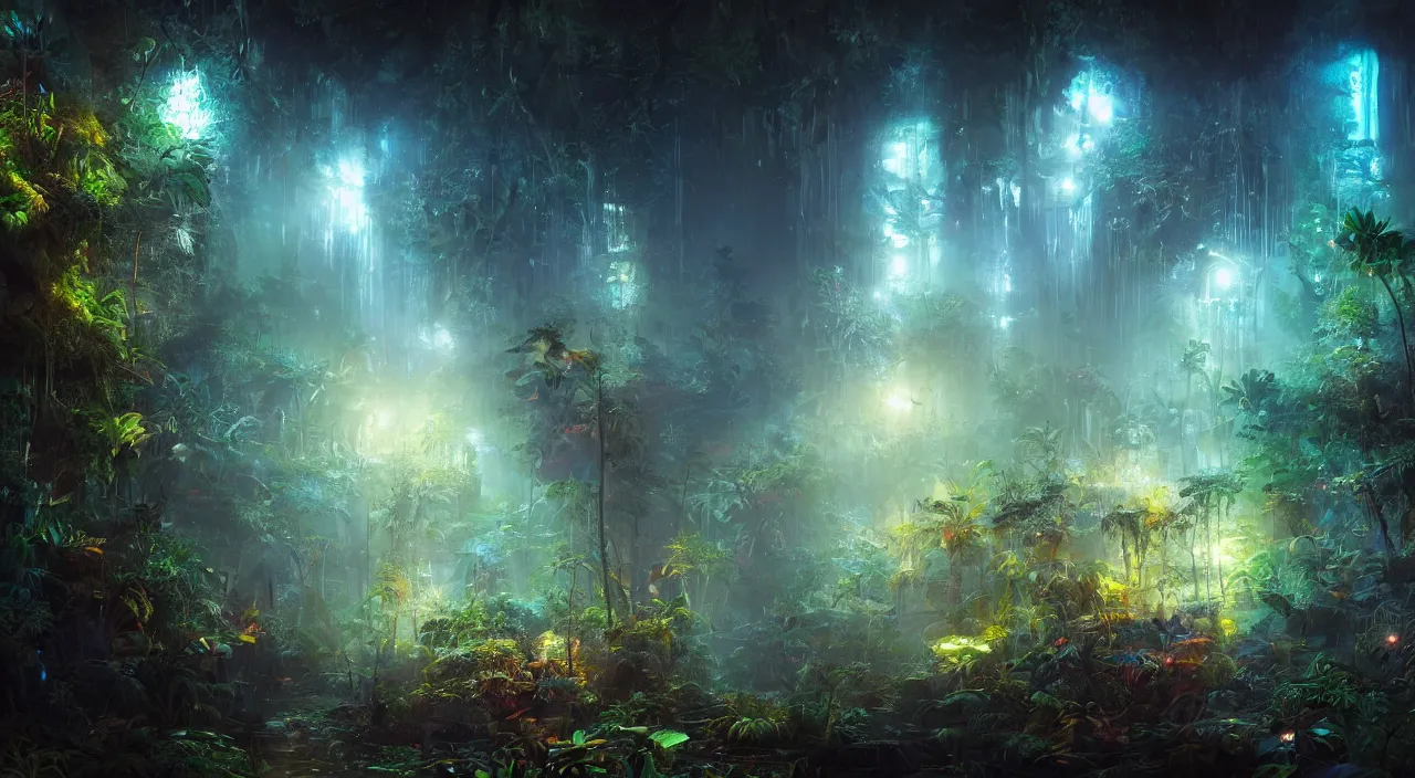 Prompt: vibrant bioluminescent jungle. andreas achenbach, artgerm, mikko lagerstedt, zack snyder, tokujin yoshioka